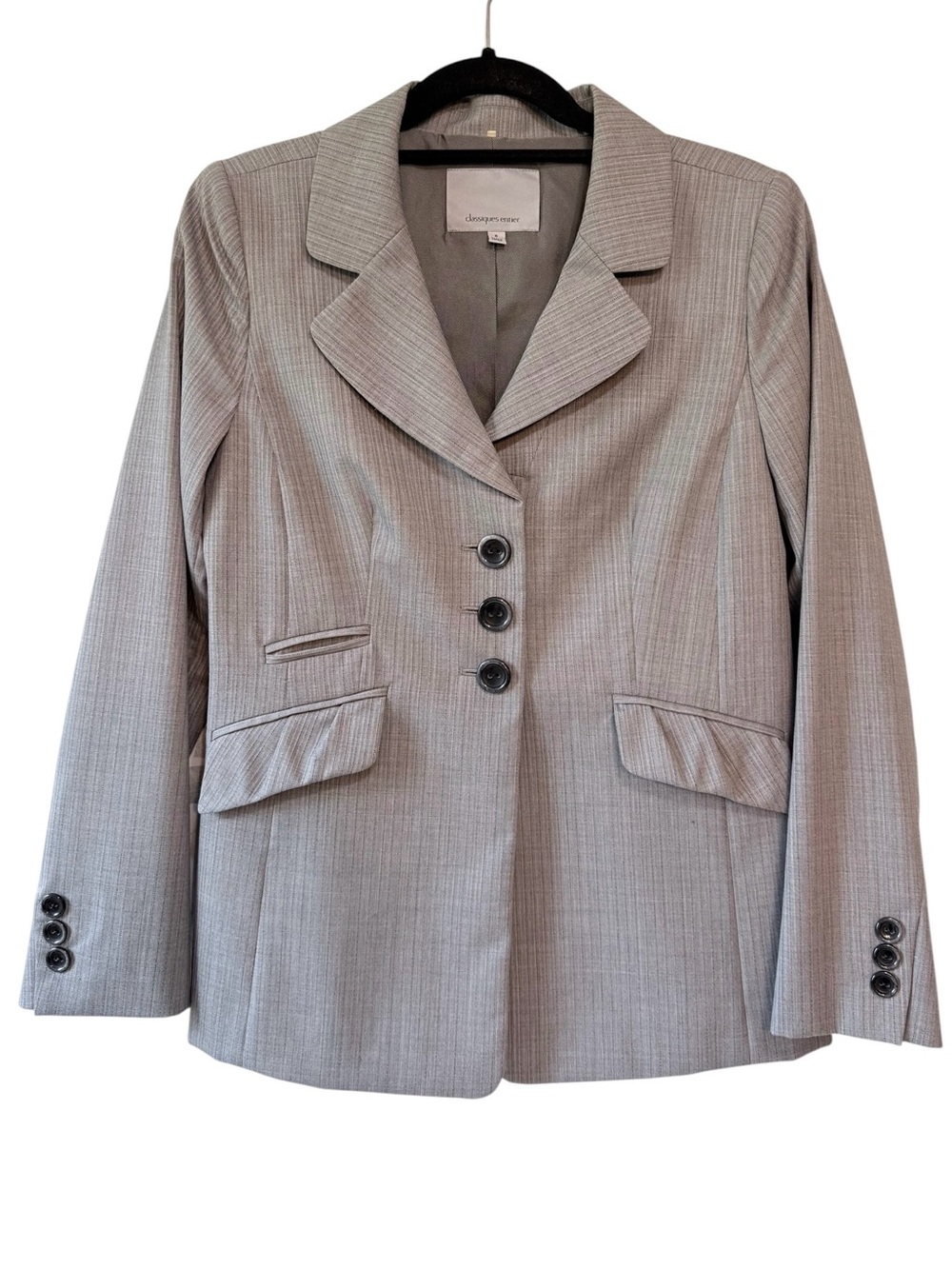 Classiques Entier Pinstripe Ruched Pocket Three Button Wool Blazer Grey Size 8